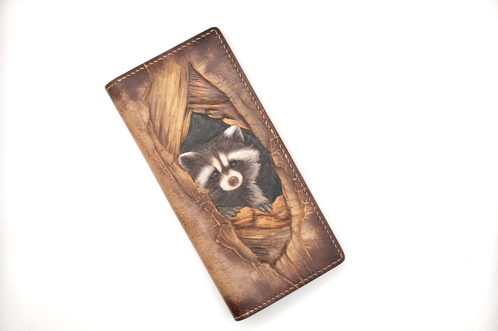 Hand-Tooled Leather Long Wallet – Raccoon Peeking Through Wood Design - Image 3