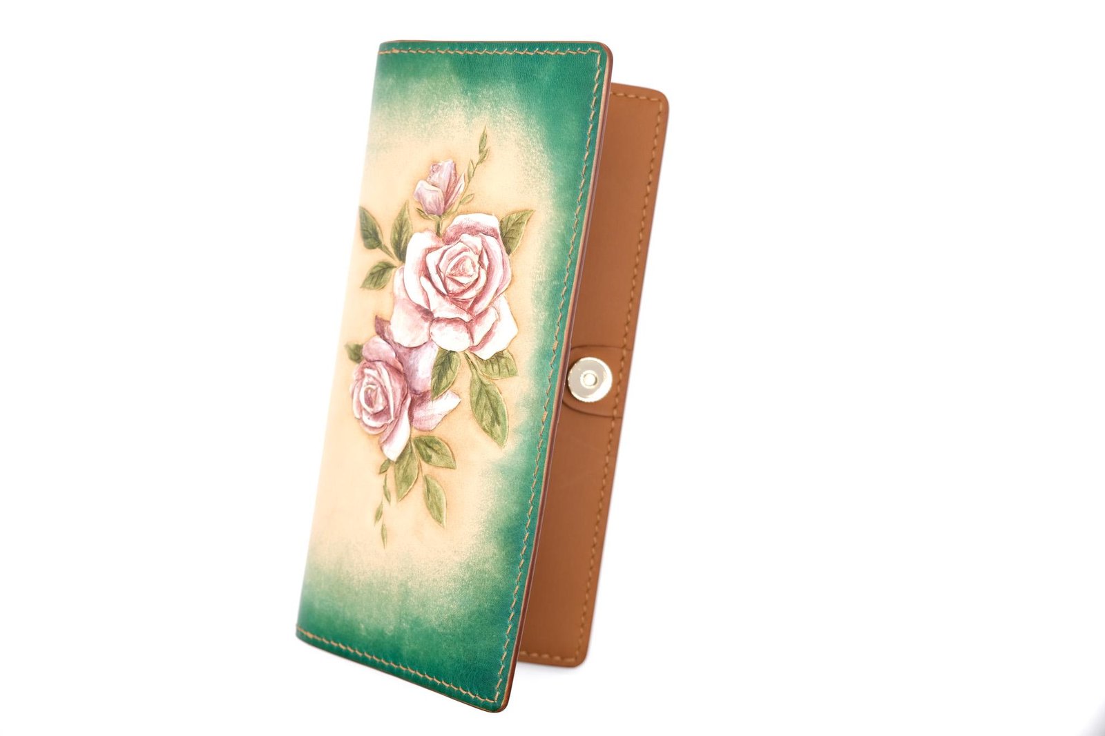 Hand-Tooled Leather Long Wallet – Blush Pink Roses with Green Ombre Background - Image 2