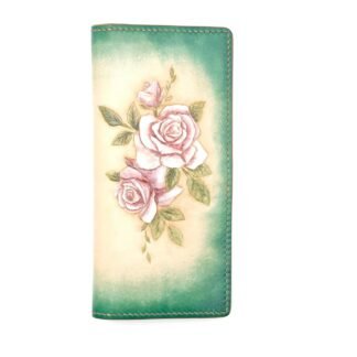 Hand-Tooled Leather Long Wallet – Blush Pink Roses with Green Ombre Background