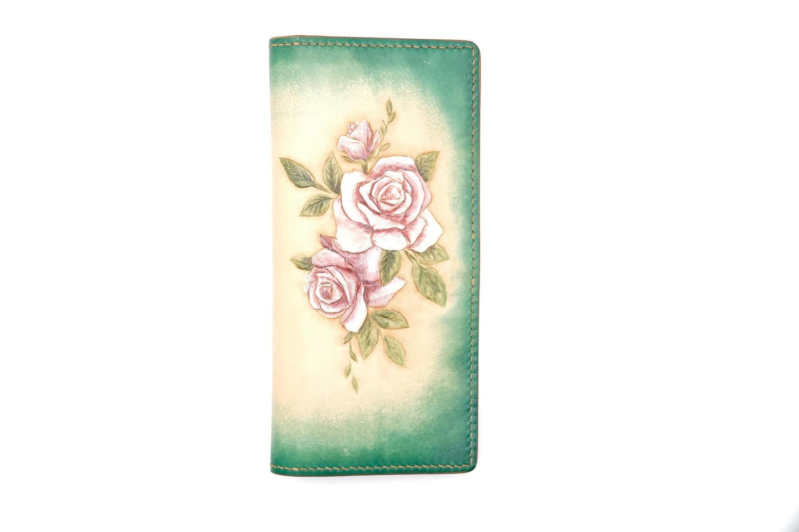 Hand-Tooled Leather Long Wallet – Blush Pink Roses with Green Ombre Background