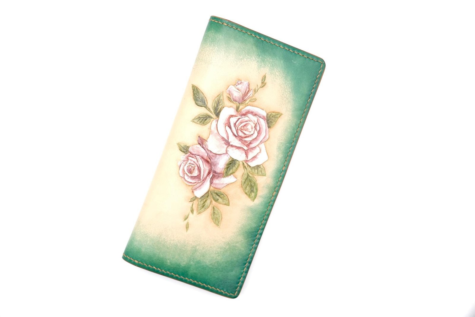 Hand-Tooled Leather Long Wallet – Blush Pink Roses with Green Ombre Background - Image 3