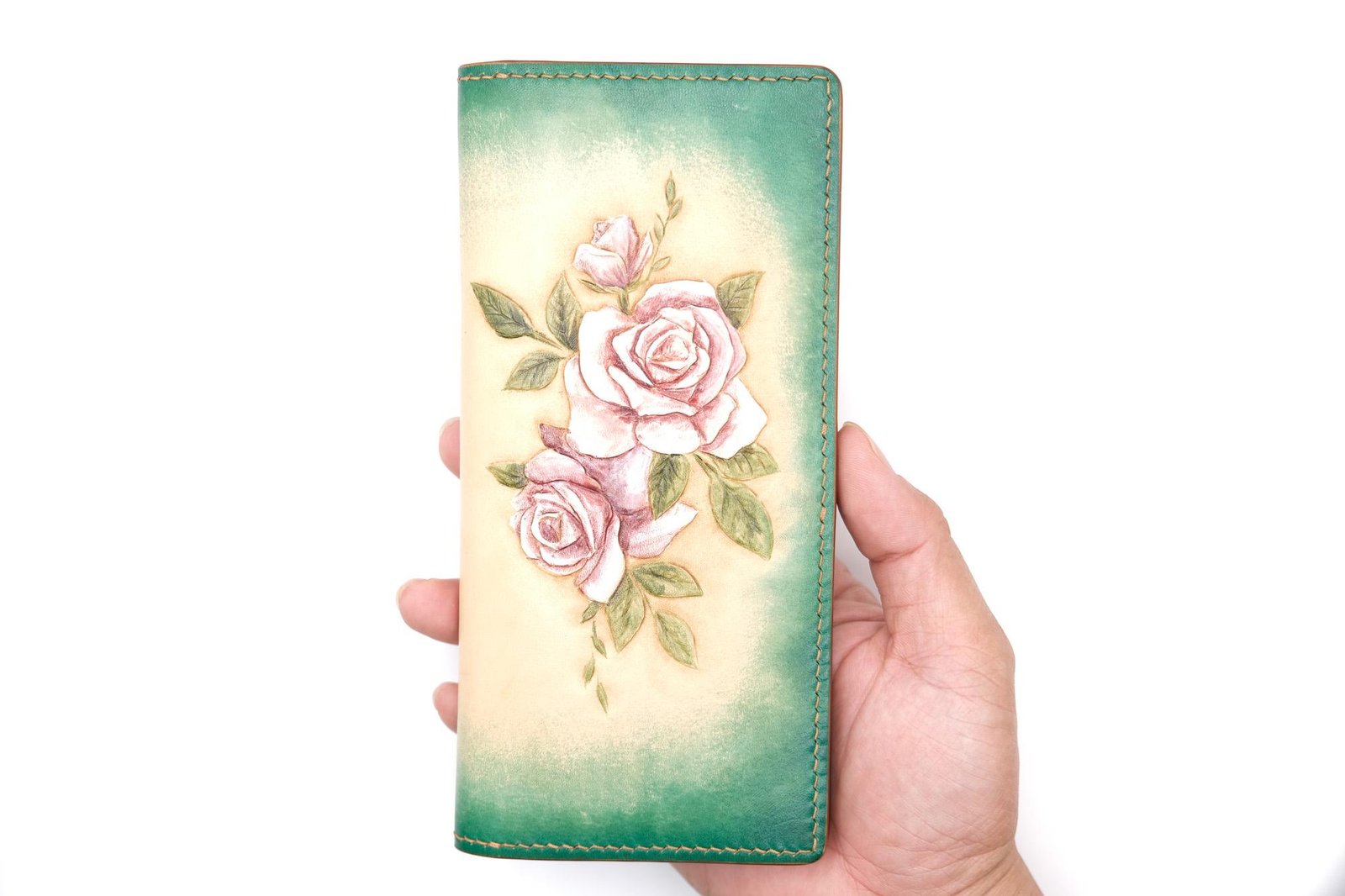 Hand-Tooled Leather Long Wallet – Blush Pink Roses with Green Ombre Background - Image 6