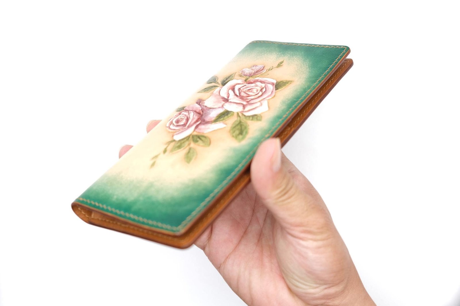 Hand-Tooled Leather Long Wallet – Blush Pink Roses with Green Ombre Background - Image 7