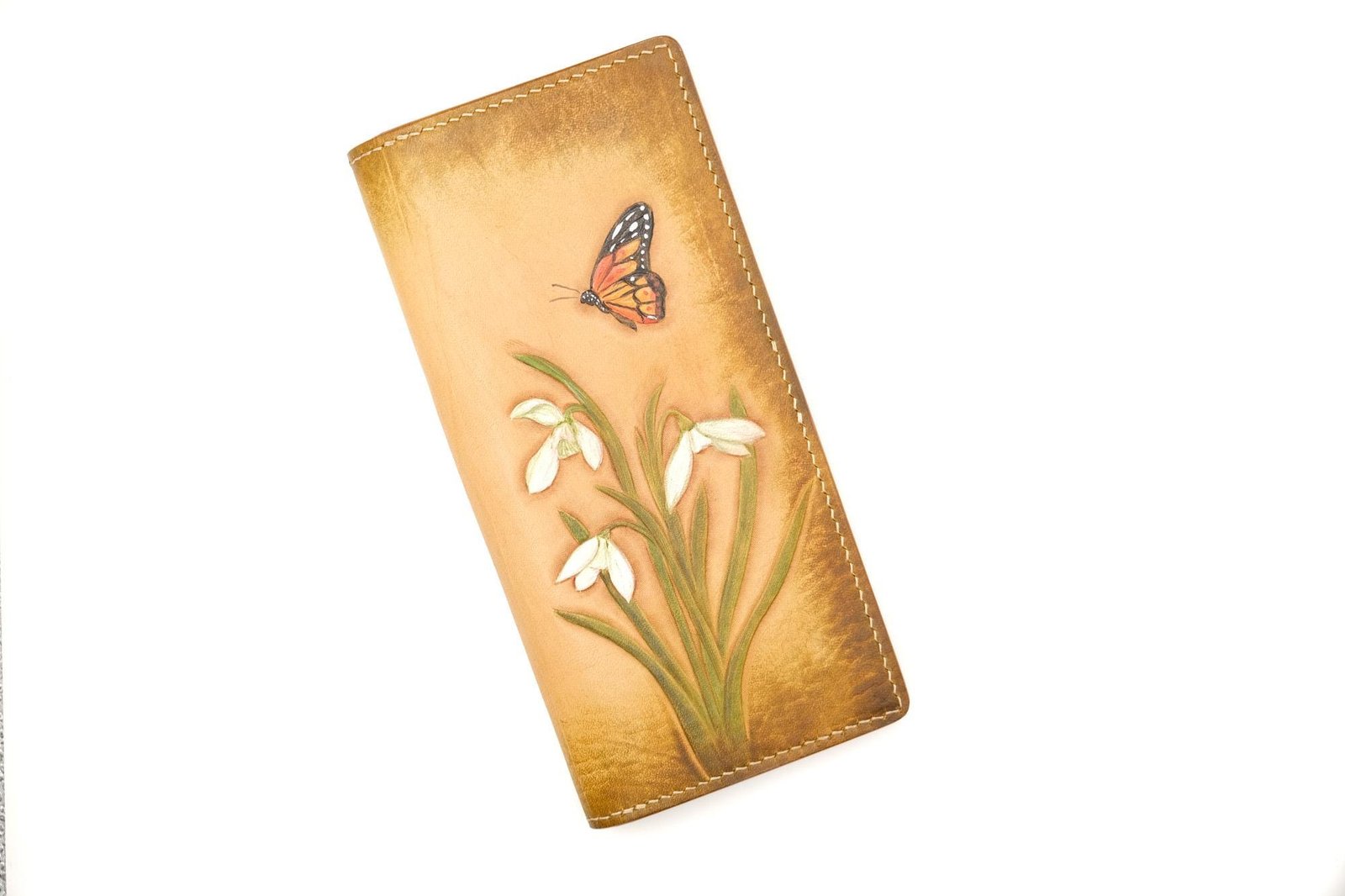 Hand-Tooled Leather Long Wallet – Snowdrop Flower & Monarch Butterfly Design - Image 3