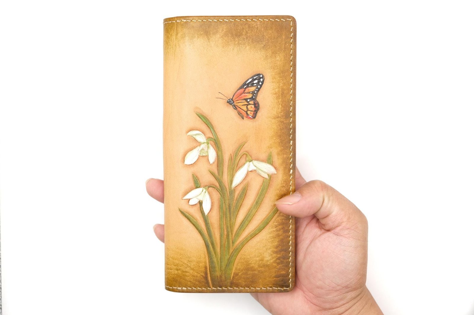 Hand-Tooled Leather Long Wallet – Snowdrop Flower & Monarch Butterfly Design - Image 4