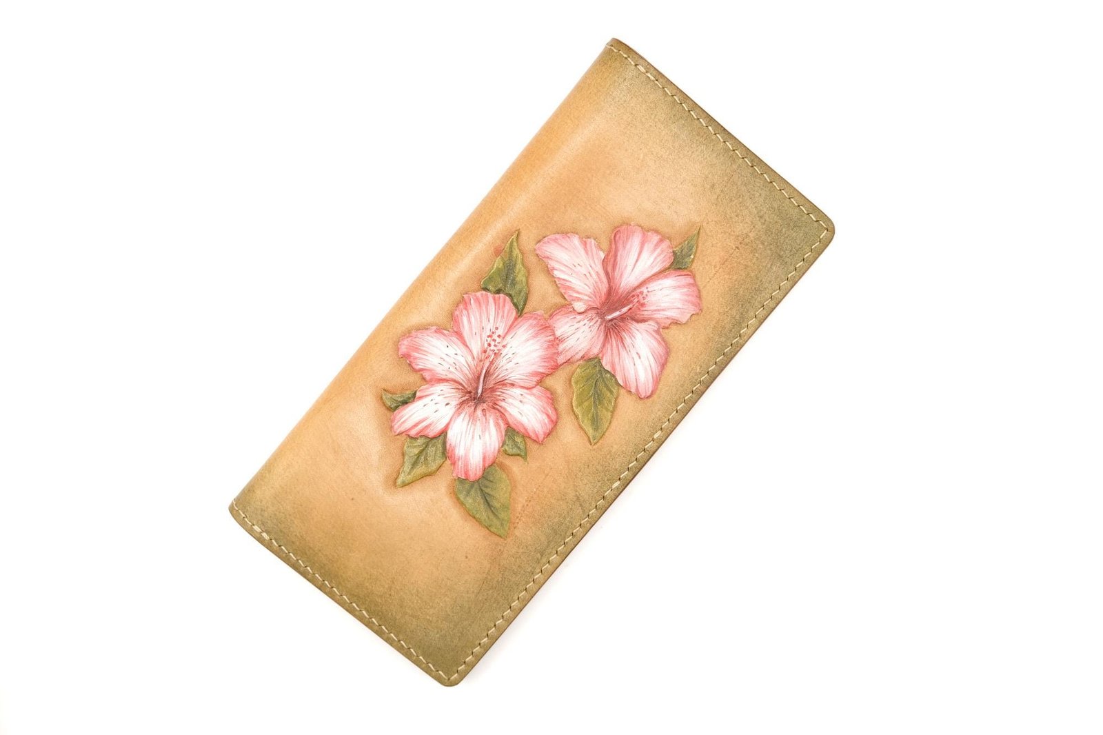 Hand-Tooled Leather Long Wallet with Pink Hibiscus Flowers – Hawaiian Gift for Her, Handmade Leather Clutch - Image 4