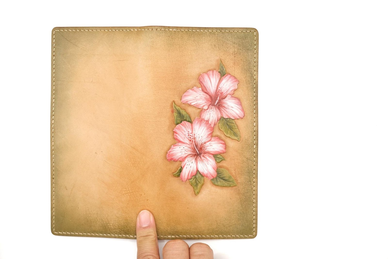 Hand-Tooled Leather Long Wallet with Pink Hibiscus Flowers – Hawaiian Gift for Her, Handmade Leather Clutch - Image 9