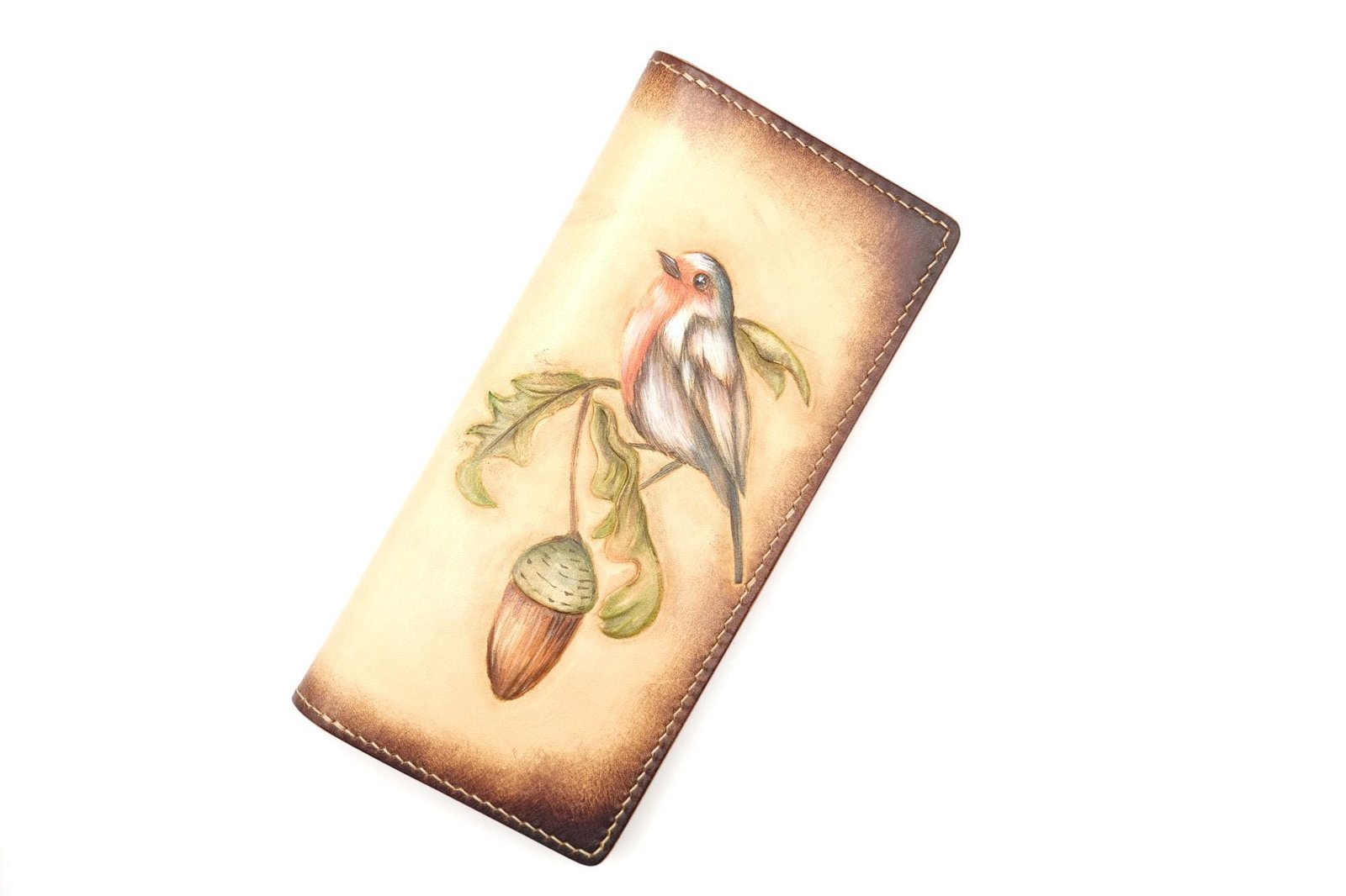 Hand-Tooled Leather Long Wallet – Robin and Acorn Design | Nature-Inspired Leather Bifold for Women or Men - Image 2