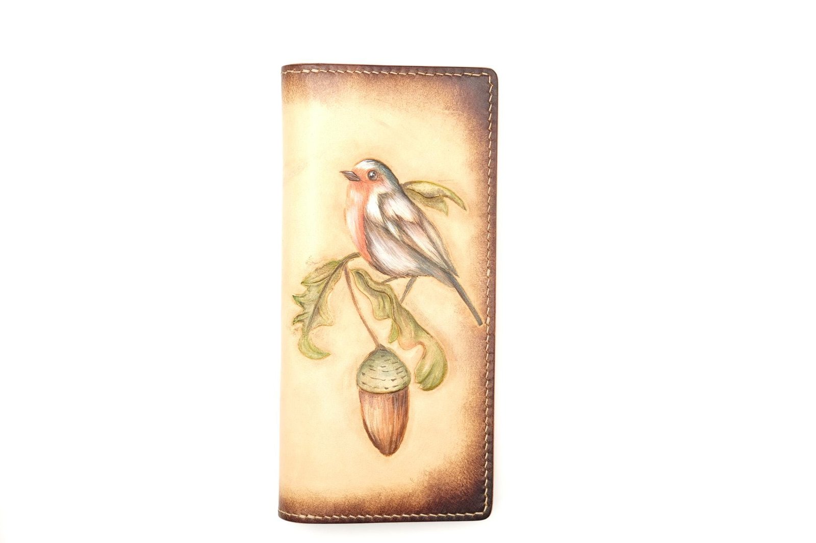 Hand-Tooled Leather Long Wallet – Robin and Acorn Design | Nature-Inspired Leather Bifold for Women or Men