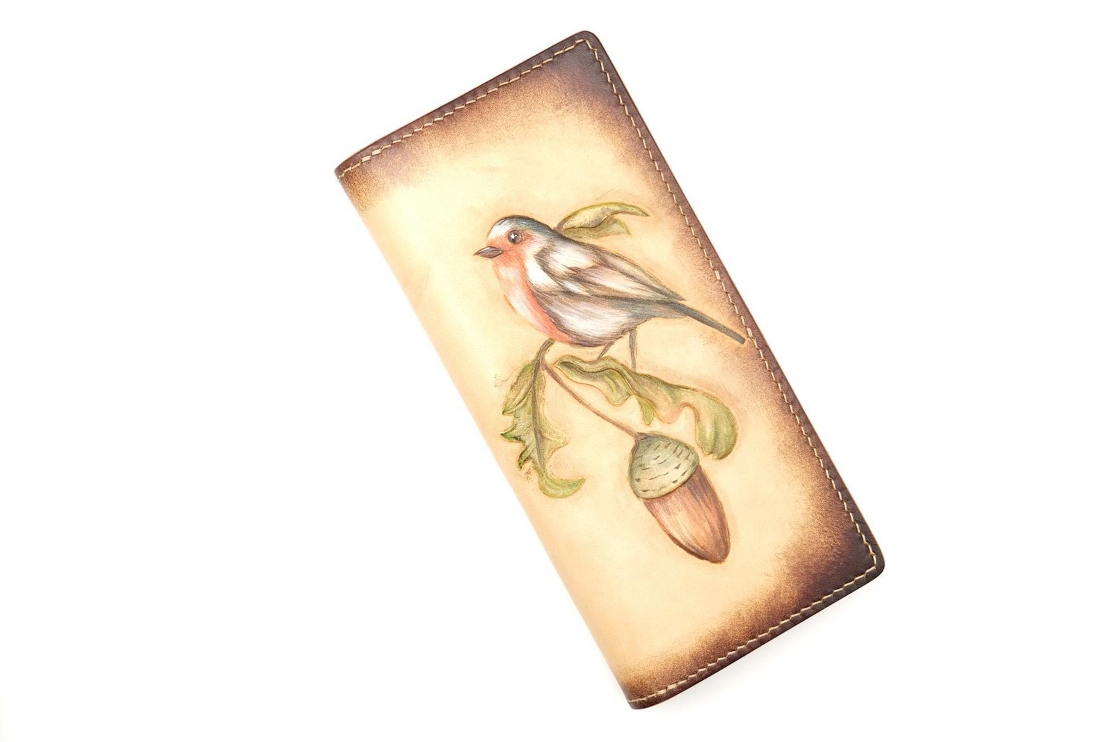 Hand-Tooled Leather Long Wallet – Robin and Acorn Design | Nature-Inspired Leather Bifold for Women or Men - Image 3