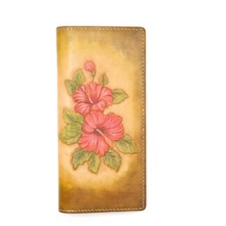 Hand-Tooled Leather Long Wallet – Red Hibiscus Design | Hawaiian Floral Wallet | Handmade Leather Gift for Her