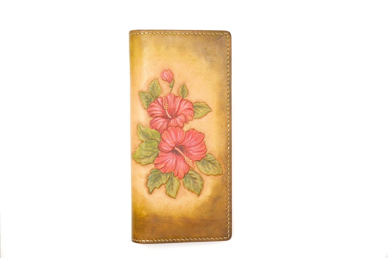 Hand-Tooled Leather Long Wallet – Red Hibiscus Design | Hawaiian Floral Wallet | Handmade Leather Gift for Her