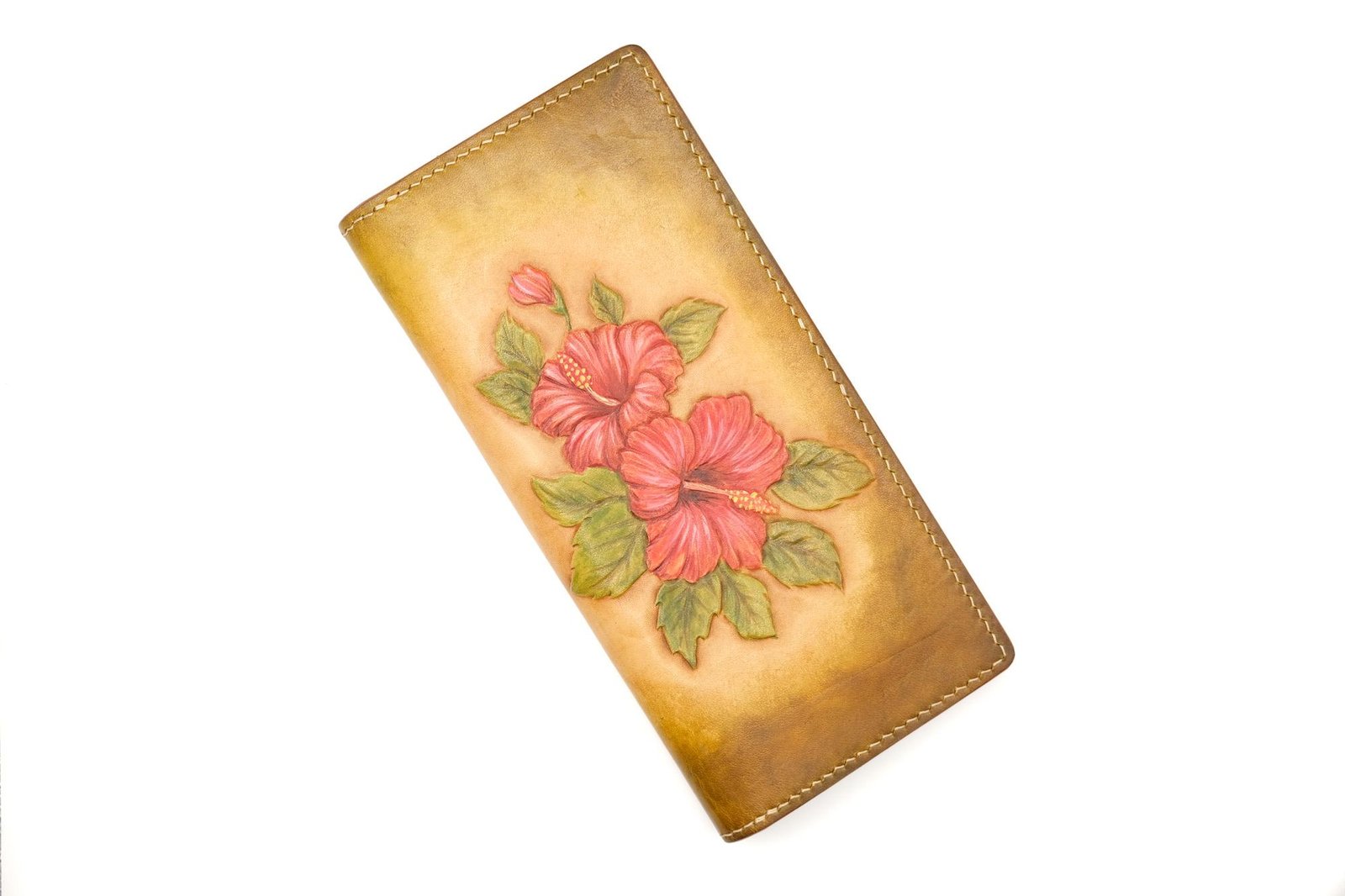 Hand-Tooled Leather Long Wallet – Red Hibiscus Design | Hawaiian Floral Wallet | Handmade Leather Gift for Her - Image 3