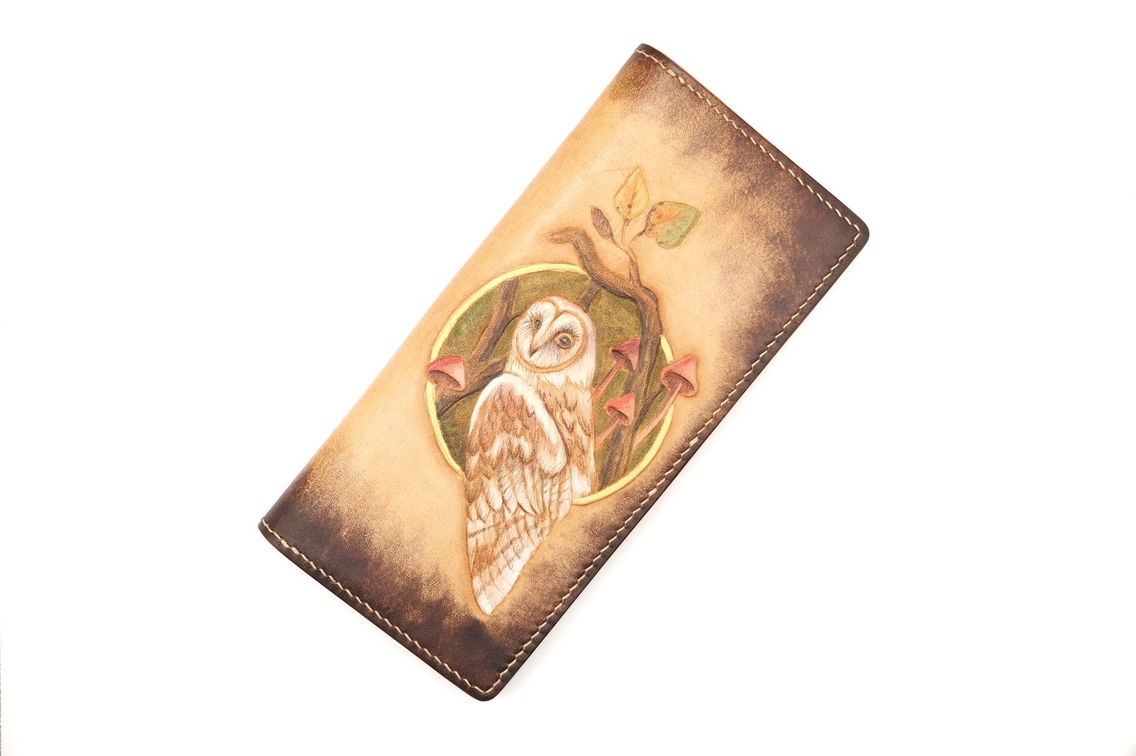 Hand-Tooled Leather Long Wallet – Barn Owl & Mushroom Design | Unique Handmade Gift for Nature Lovers - Image 2