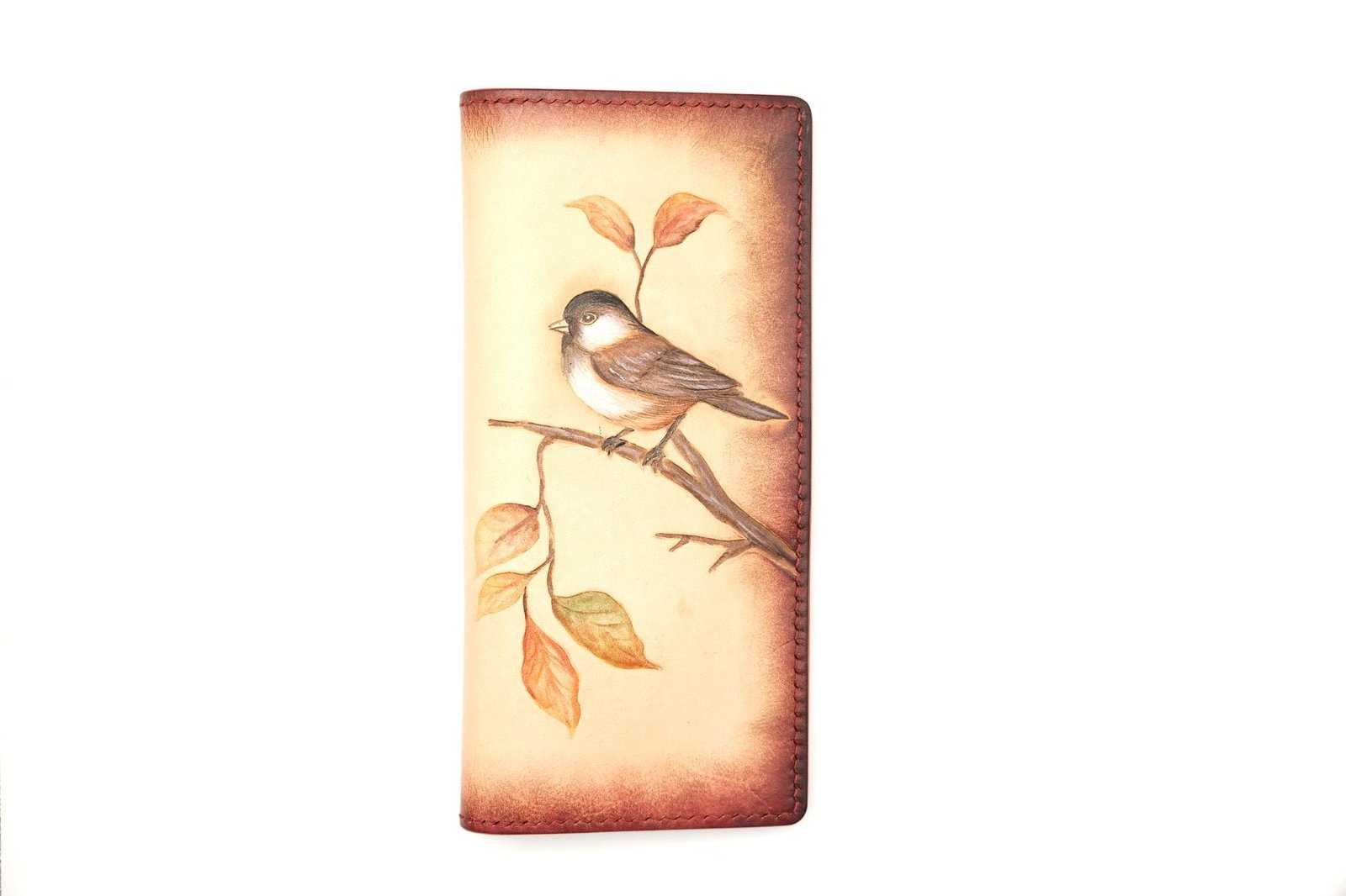 Hand-Tooled Leather Long Wallet – Chickadee Bird Lover Gift Handmade Leather Wallet
