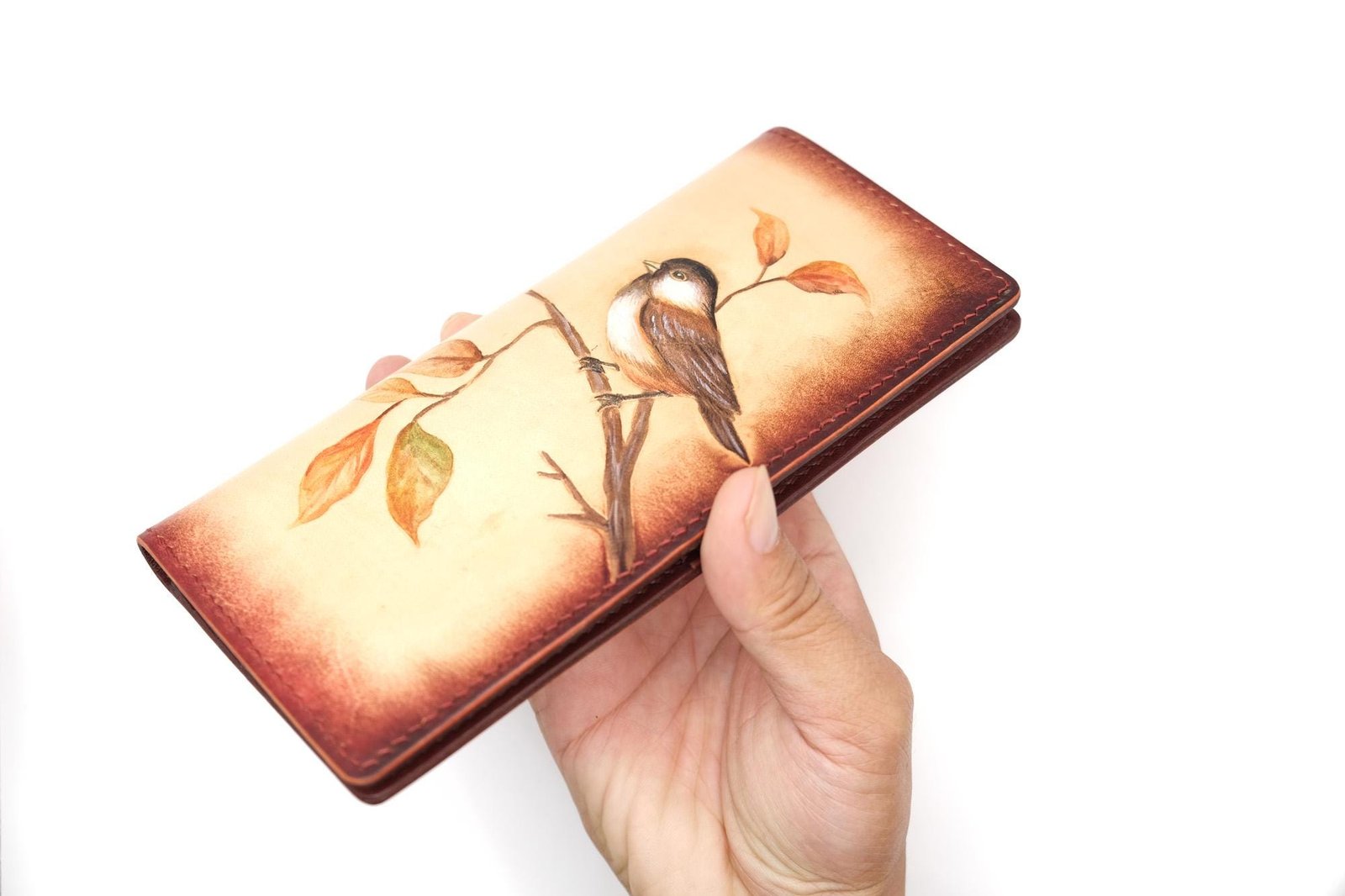 Hand-Tooled Leather Long Wallet – Chickadee Bird Lover Gift Handmade Leather Wallet - Image 8