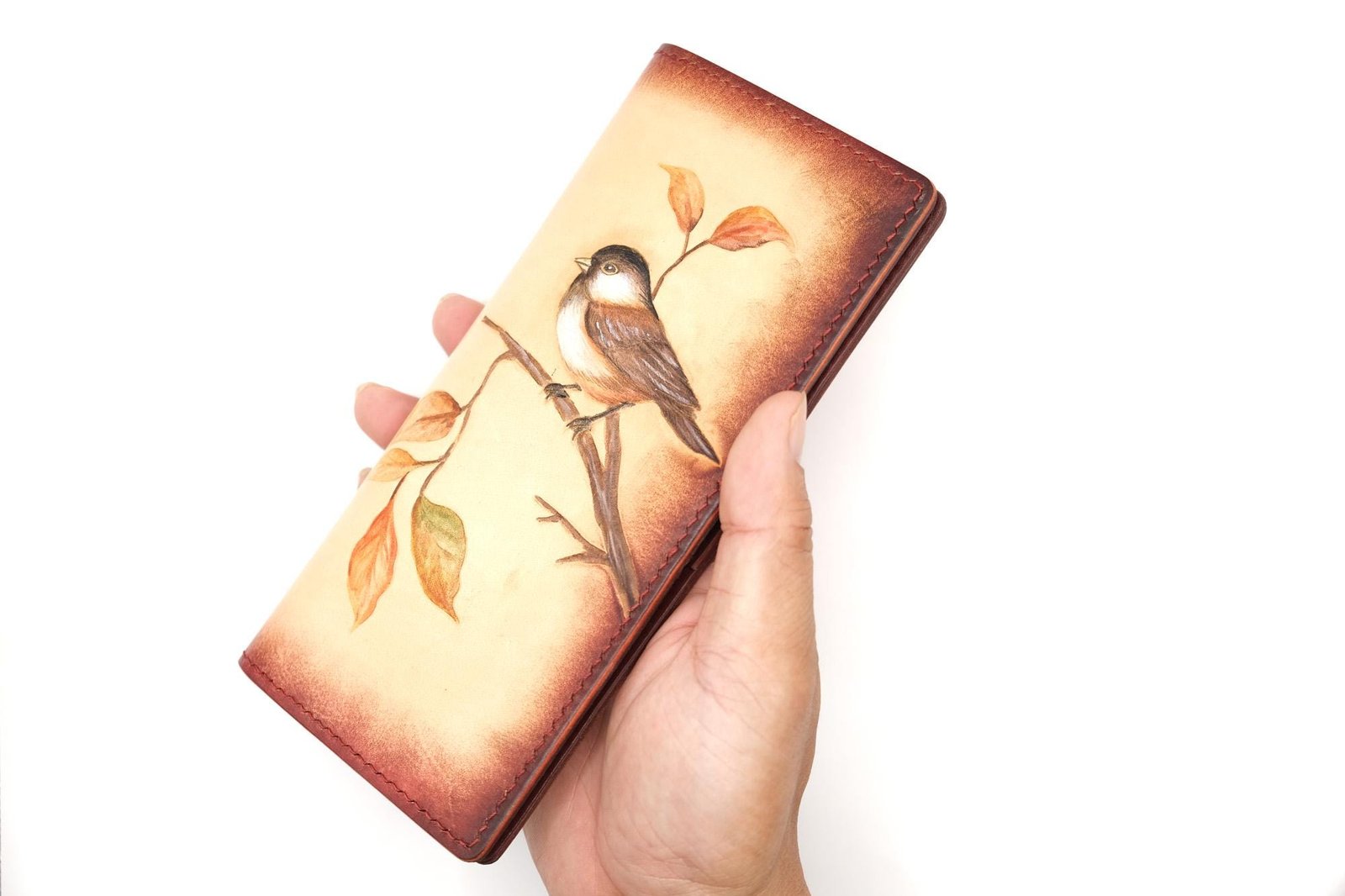 Hand-Tooled Leather Long Wallet – Chickadee Bird Lover Gift Handmade Leather Wallet - Image 9